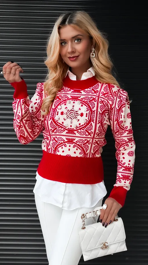 Czerwony sweter z zimowym akcentem WISKOZA one size - R362