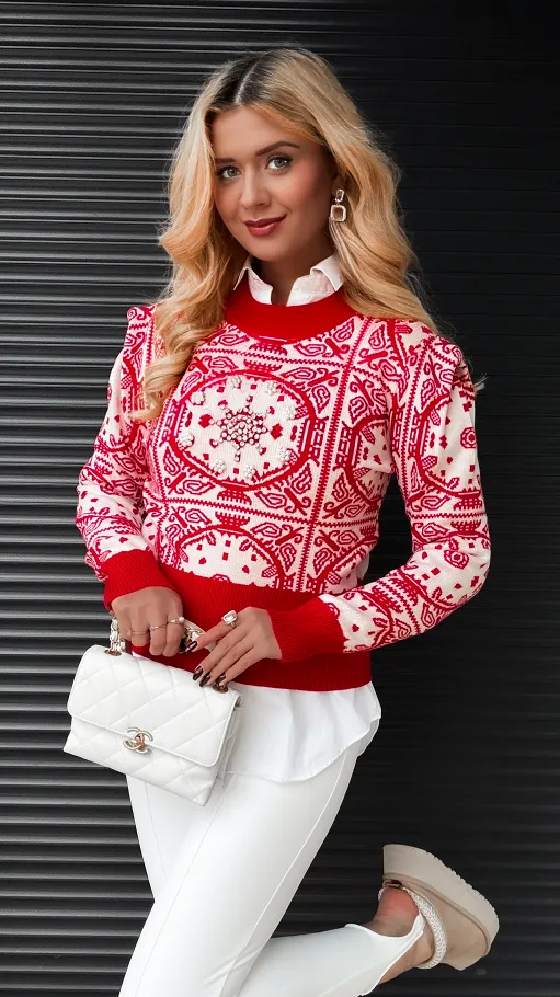 Czerwony sweter z zimowym akcentem WISKOZA one size - R362