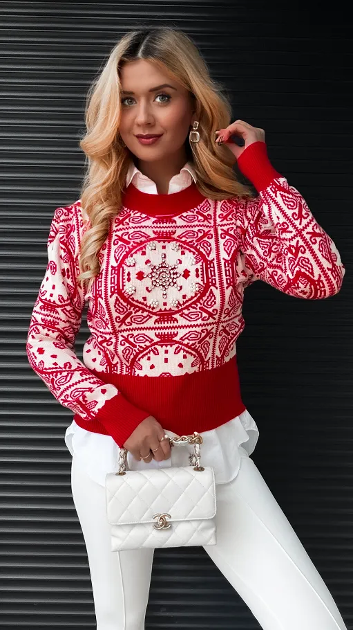 Czerwony sweter z zimowym akcentem WISKOZA one size - R362