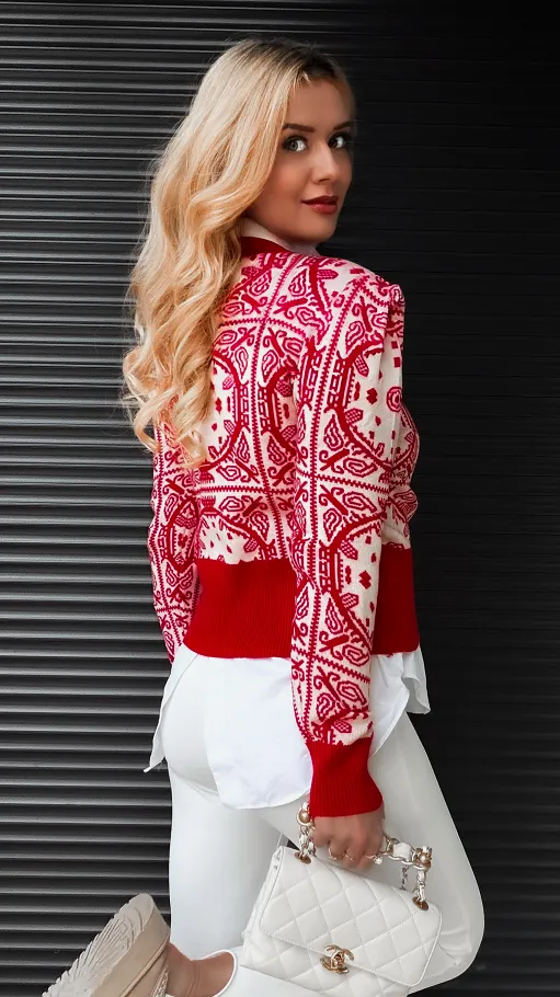 Czerwony sweter z zimowym akcentem WISKOZA one size - R362