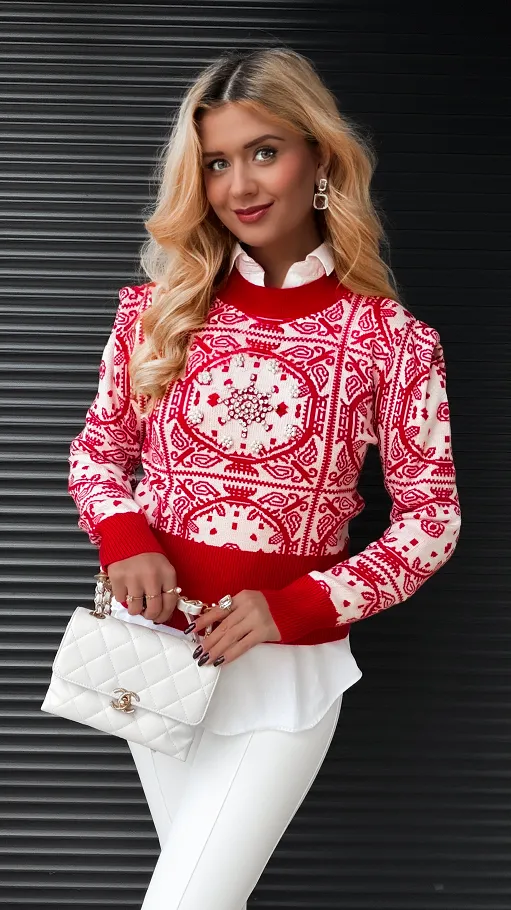 Czerwony sweter z zimowym akcentem WISKOZA one size - R362