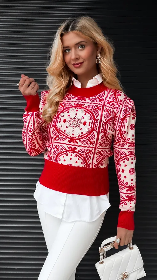 Czerwony sweter z zimowym akcentem WISKOZA one size - R362