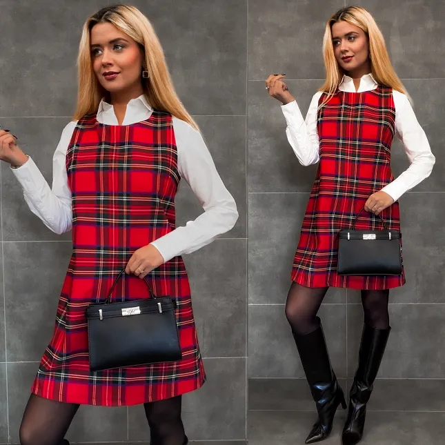 Klasyczna czerwona sukienka w kratę w stylu litery A one size - R336A