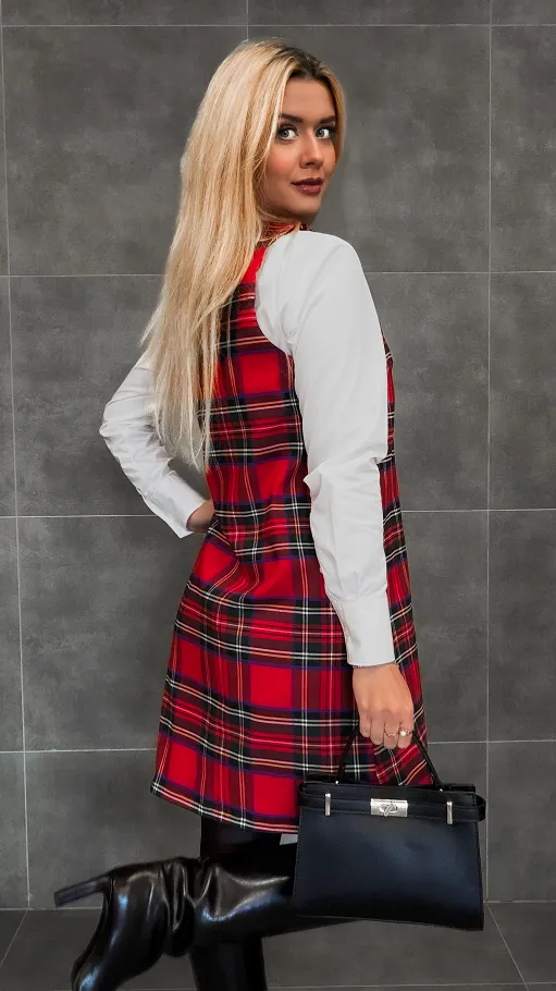 Klasyczna czerwona sukienka w kratę w stylu litery A one size - R336A