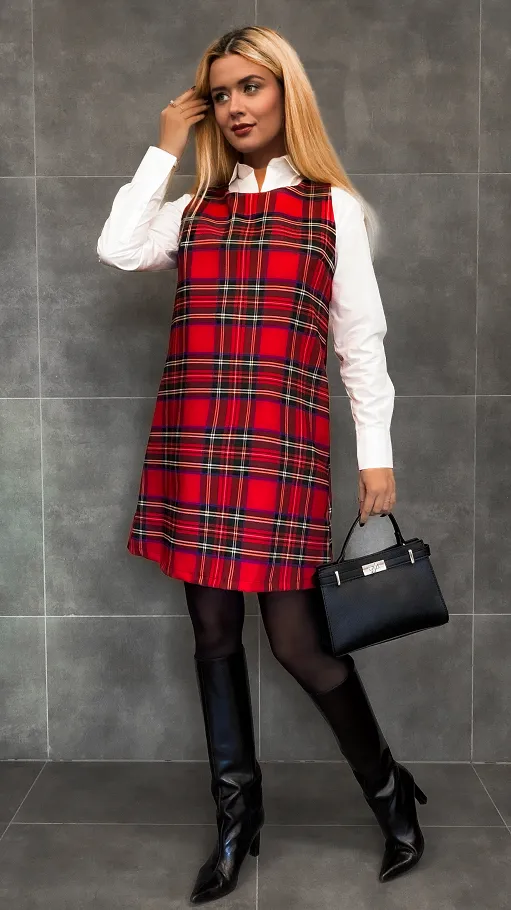 Klasyczna czerwona sukienka w kratę w stylu litery A one size - R336A