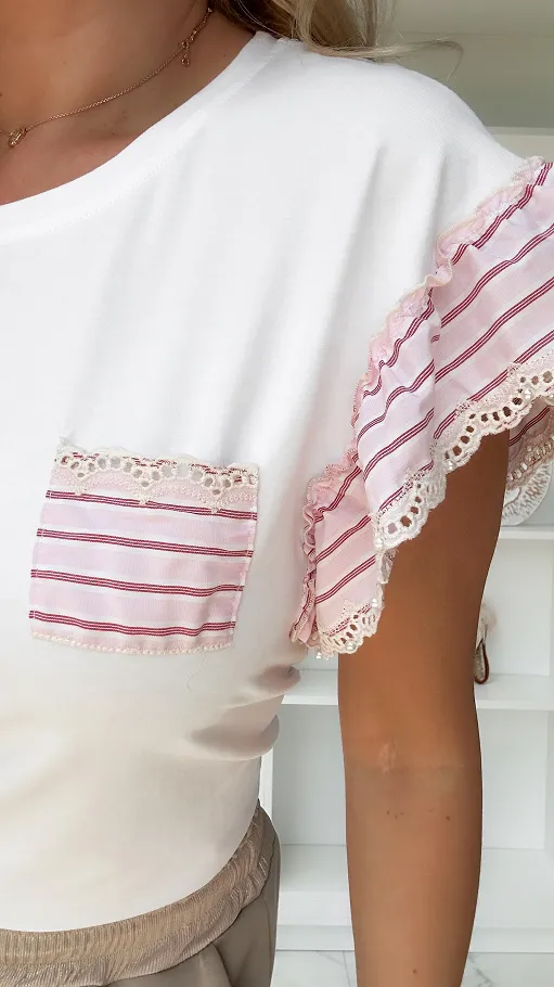 Biała bluzka t-shirt z różowymi dodatkami ONE SIZE - P772