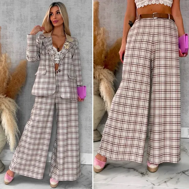 Eleganckie spodnie w kratkę BEIGE z gumką w pasie i paskiem - R548