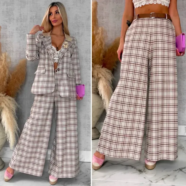 Eleganckie spodnie w kratkę BEIGE z gumką w pasie i paskiem - R548