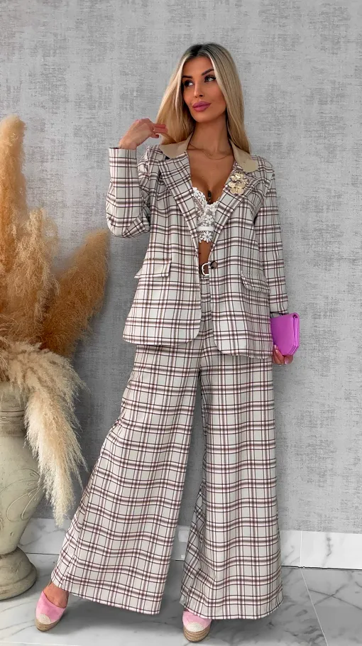 Eleganckie spodnie w kratkę BEIGE z gumką w pasie i paskiem - R548