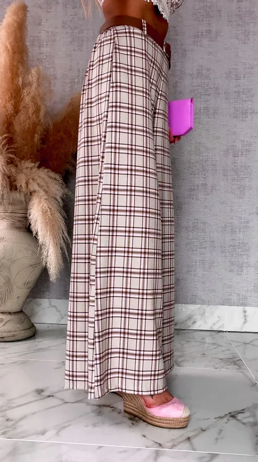 Eleganckie spodnie w kratkę BEIGE z gumką w pasie i paskiem - R548