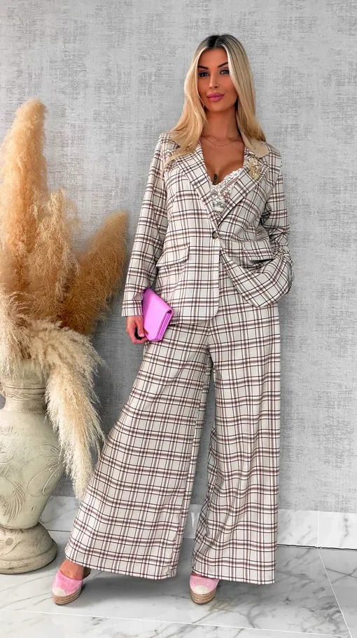 Eleganckie spodnie w kratkę BEIGE z gumką w pasie i paskiem - R548