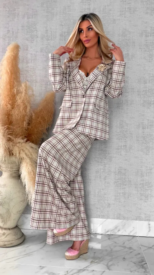 Eleganckie spodnie w kratkę BEIGE z gumką w pasie i paskiem - R548