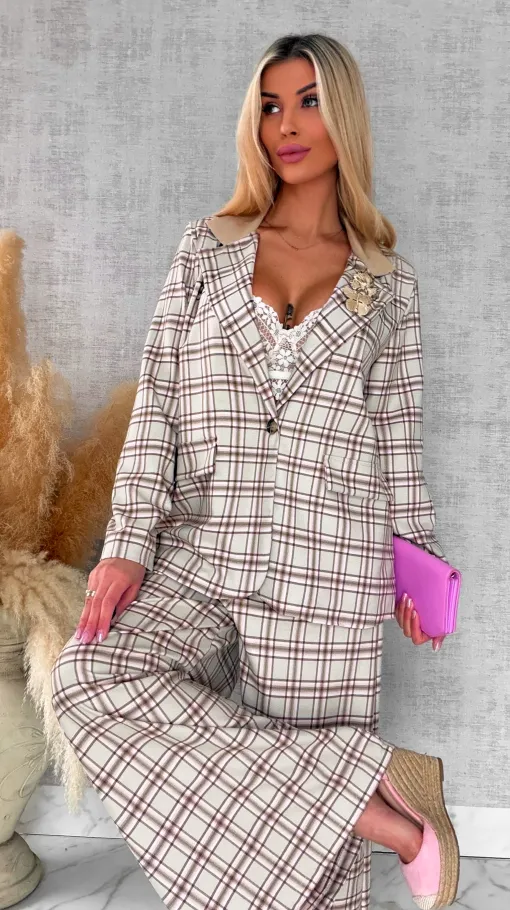 Eleganckie spodnie w kratkę BEIGE z gumką w pasie i paskiem - R548