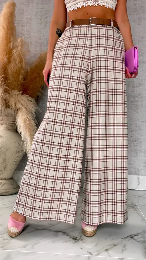 Eleganckie spodnie w kratkę BEIGE z gumką w pasie i paskiem - R548