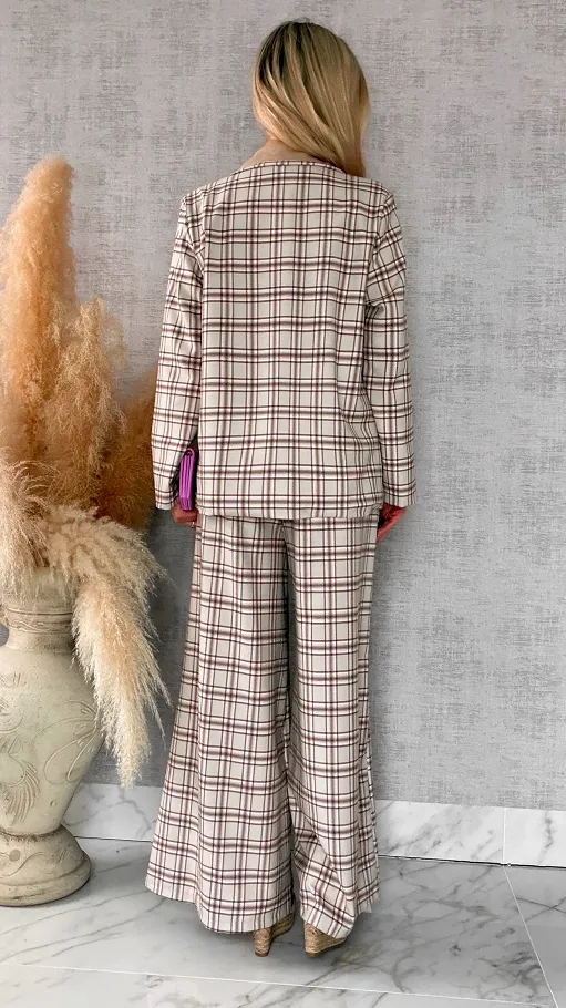 Eleganckie spodnie w kratkę BEIGE z gumką w pasie i paskiem - R548