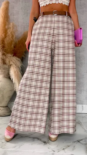 Eleganckie spodnie w kratkę BEIGE z gumką w pasie i paskiem - R548