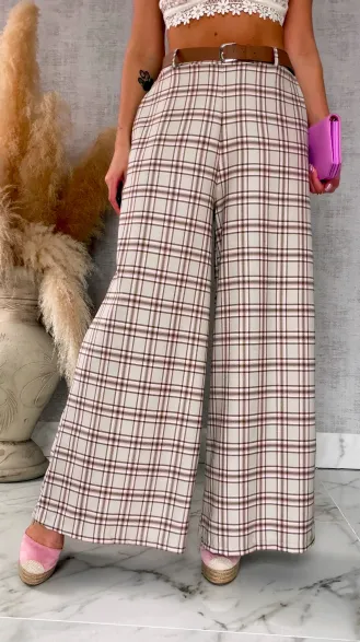 Eleganckie spodnie w kratkę BEIGE z gumką w pasie i paskiem - R548