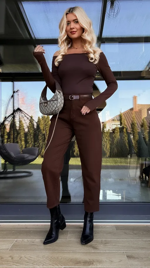 Elastyczna bawełniana bluzka hiszpanka CZEKOLADOWA - R165