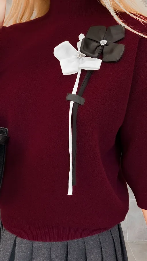 Elegancki bordowy sweter półgolf z kwiatami ONE SIZE - R330A