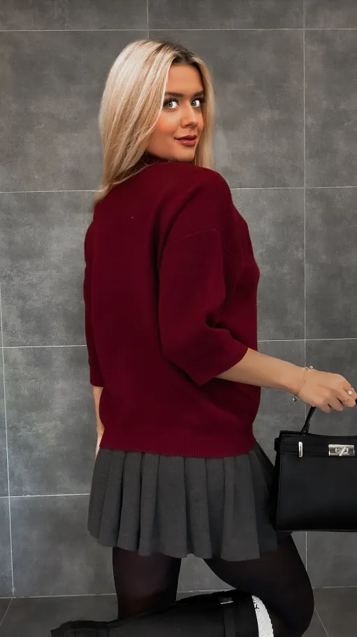 Elegancki bordowy sweter półgolf z kwiatami ONE SIZE - R330A