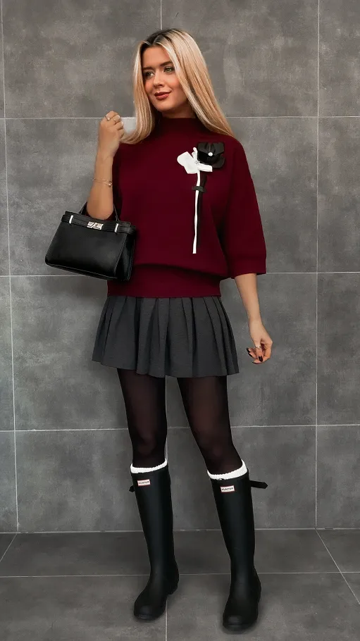 Elegancki bordowy sweter półgolf z kwiatami ONE SIZE - R330A