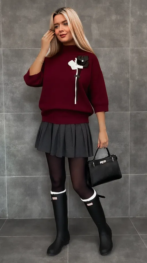 Elegancki bordowy sweter półgolf z kwiatami ONE SIZE - R330A