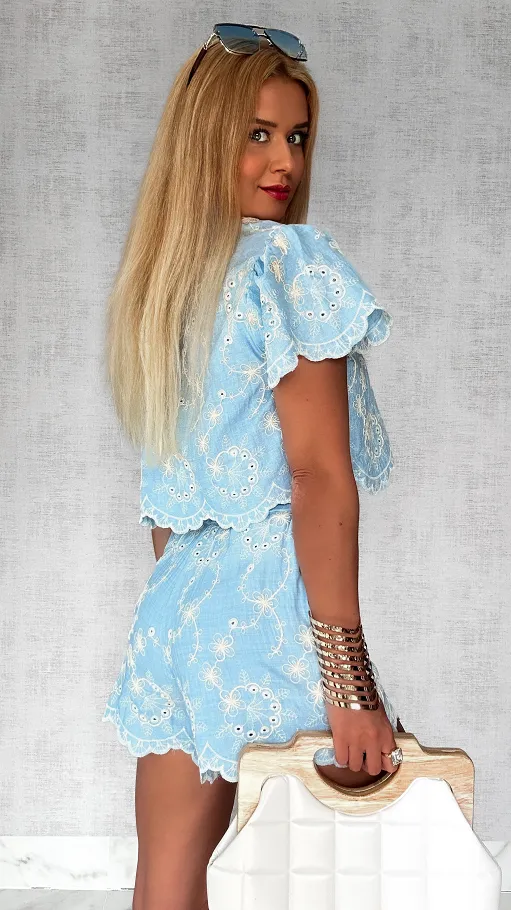 Błękitny komplet pięknie haftowany ONE SIZE - P749
