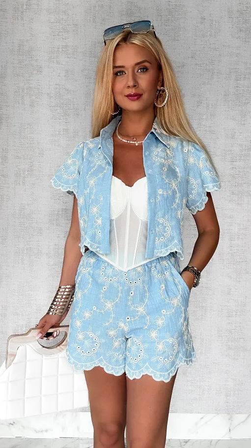 Błękitny komplet pięknie haftowany ONE SIZE - P749