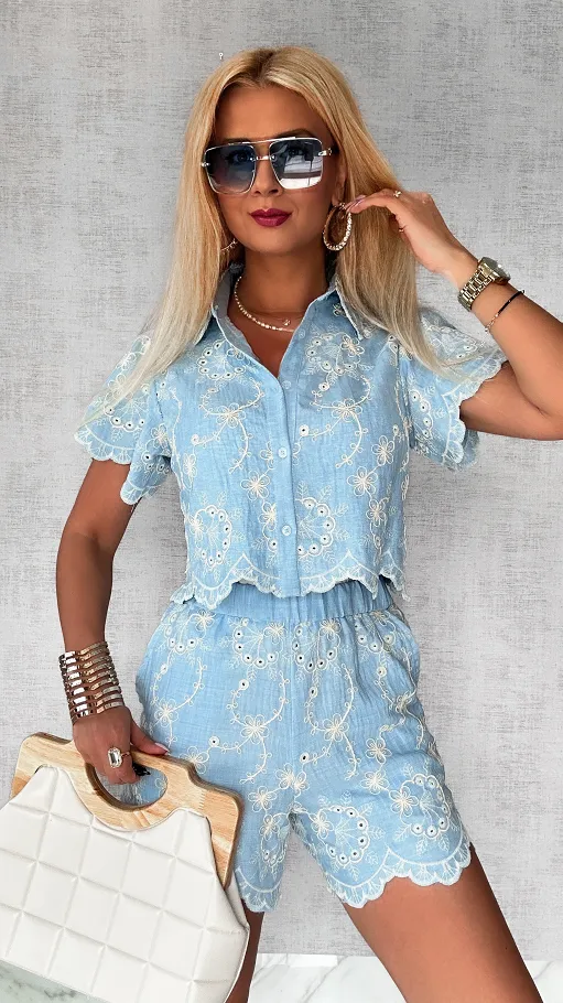 Błękitny komplet pięknie haftowany ONE SIZE - P749