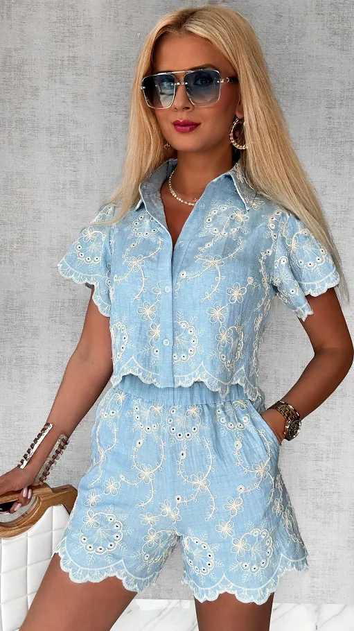 Błękitny komplet pięknie haftowany ONE SIZE - P749
