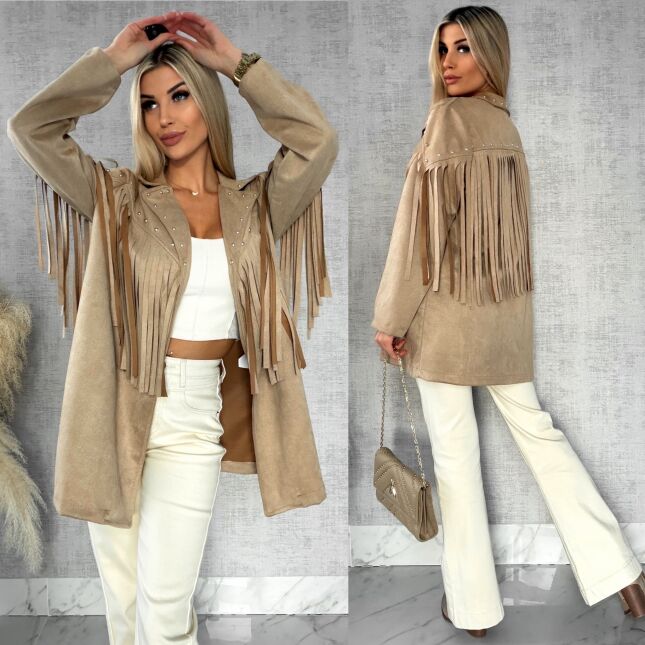 Oryginalna zamszowa marynarka narzutka ćwieki i frędzle ONE SIZE - R434