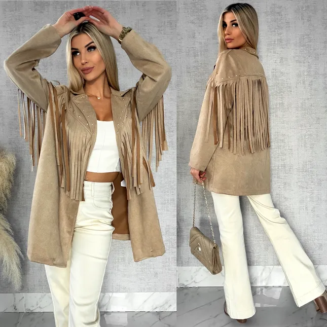 Oryginalna zamszowa marynarka narzutka ćwieki i frędzle ONE SIZE - R434