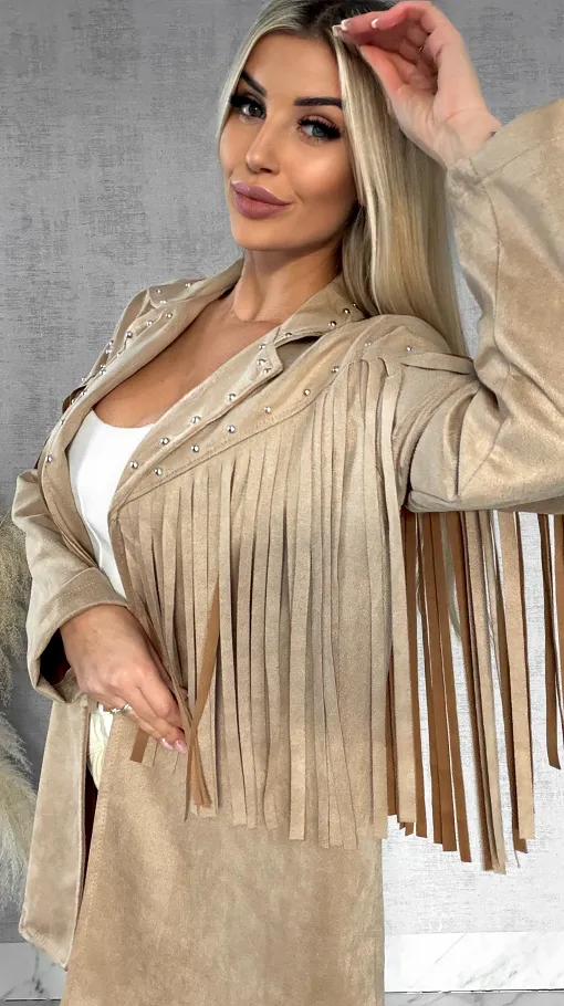 Oryginalna zamszowa marynarka narzutka ćwieki i frędzle ONE SIZE - R434