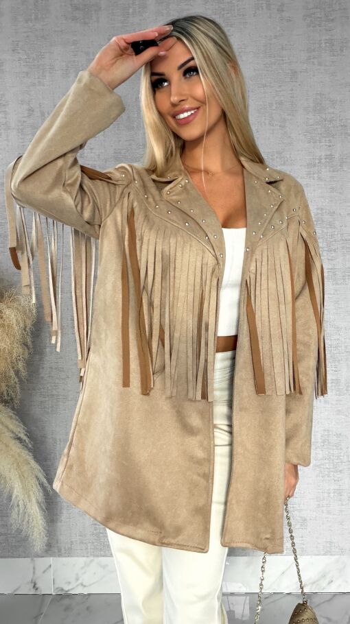 Oryginalna zamszowa marynarka narzutka ćwieki i frędzle ONE SIZE - R434