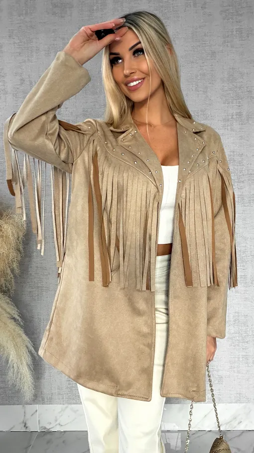 Oryginalna zamszowa marynarka narzutka ćwieki i frędzle ONE SIZE - R434