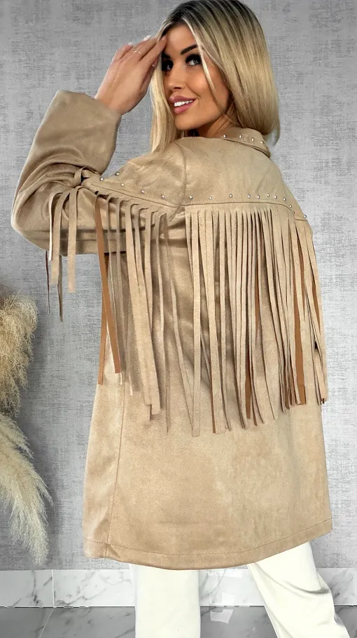 Oryginalna zamszowa marynarka narzutka ćwieki i frędzle ONE SIZE - R434