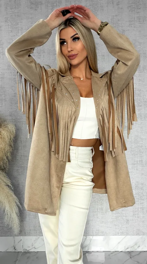 Oryginalna zamszowa marynarka narzutka ćwieki i frędzle ONE SIZE - R434