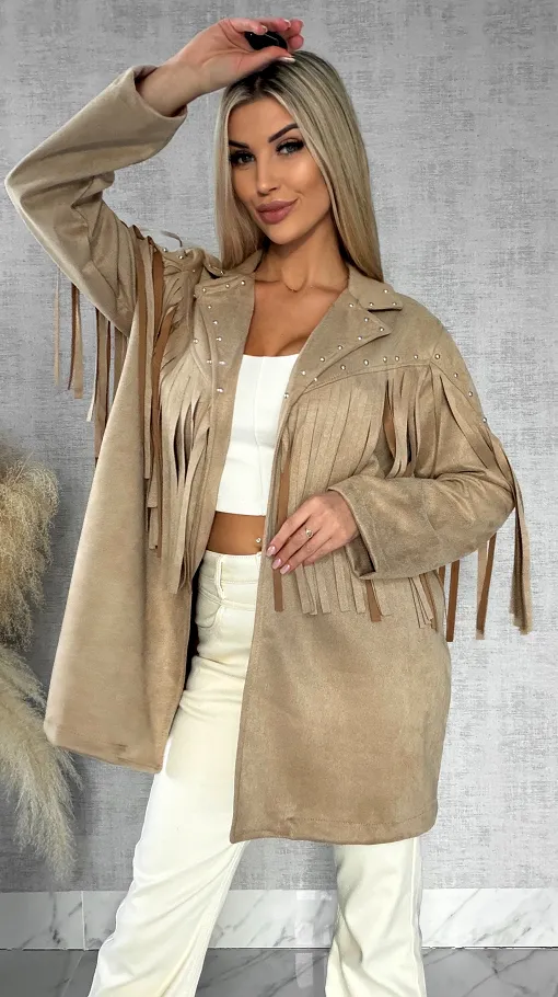 Oryginalna zamszowa marynarka narzutka ćwieki i frędzle ONE SIZE - R434