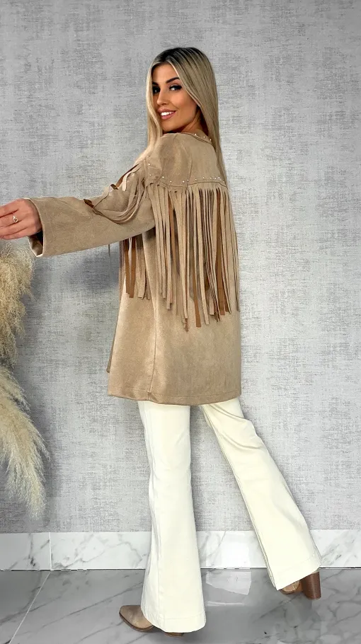 Oryginalna zamszowa marynarka narzutka ćwieki i frędzle ONE SIZE - R434