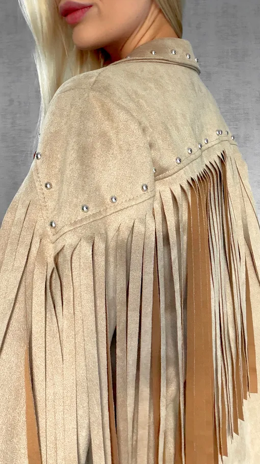 Oryginalna zamszowa marynarka narzutka ćwieki i frędzle ONE SIZE - R434