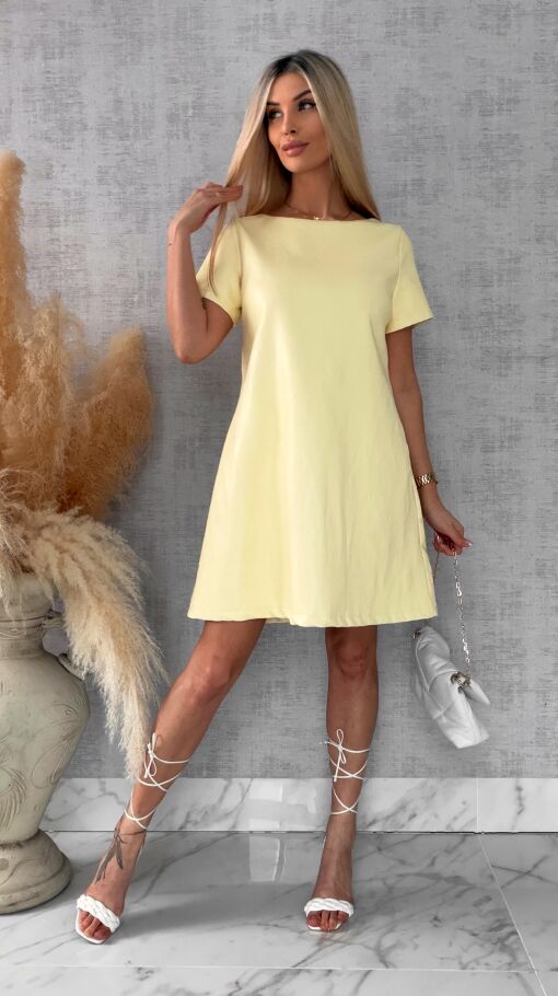 Pastelowa sukienka z eko skóry z wiązaniem ONE SIZE żółta - R544B
