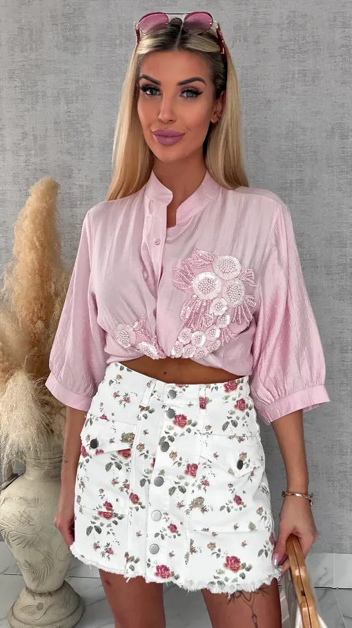 Super elastyczne jeansowe spódnico-spodenki w kwiaty WHITE JEANS - R619