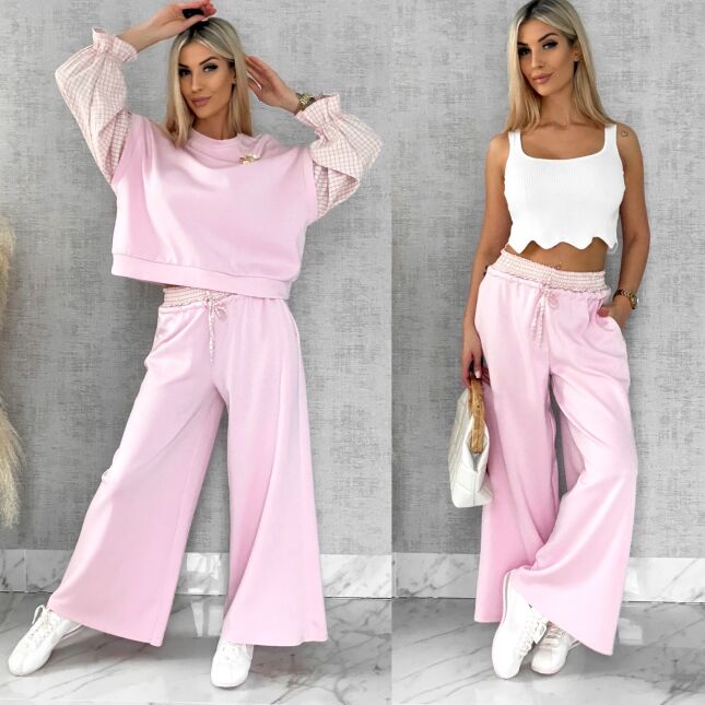 Luźne spodnie dresowe z ozdobnym pasem PINK - R564