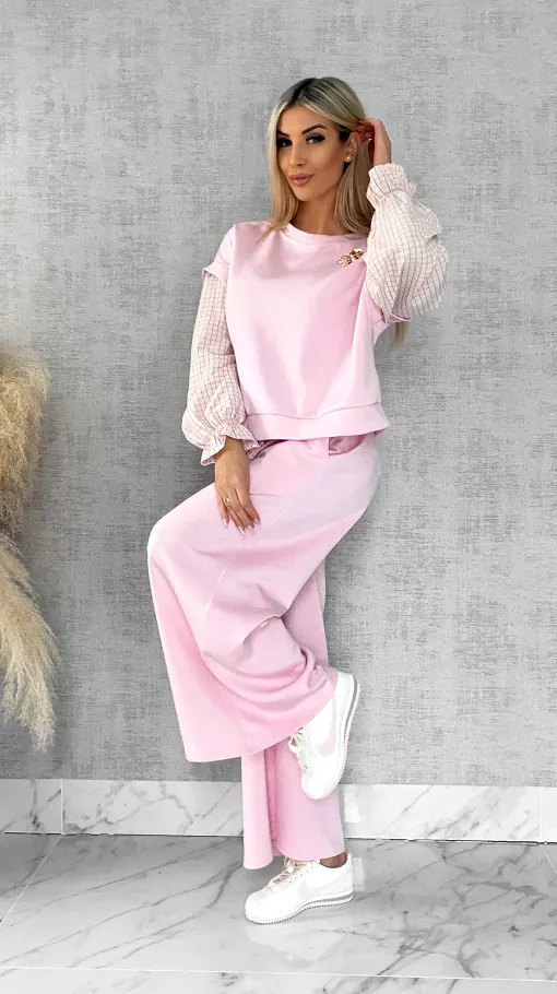 Luźne spodnie dresowe z ozdobnym pasem PINK - R564