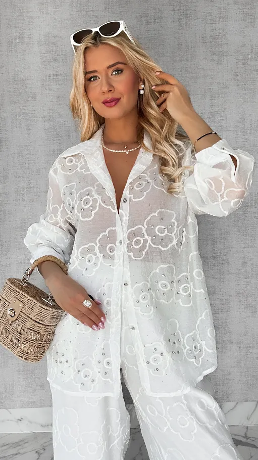 PREMIUM biały komplet w haftowane białe kwiaty ONE SIZE - P574