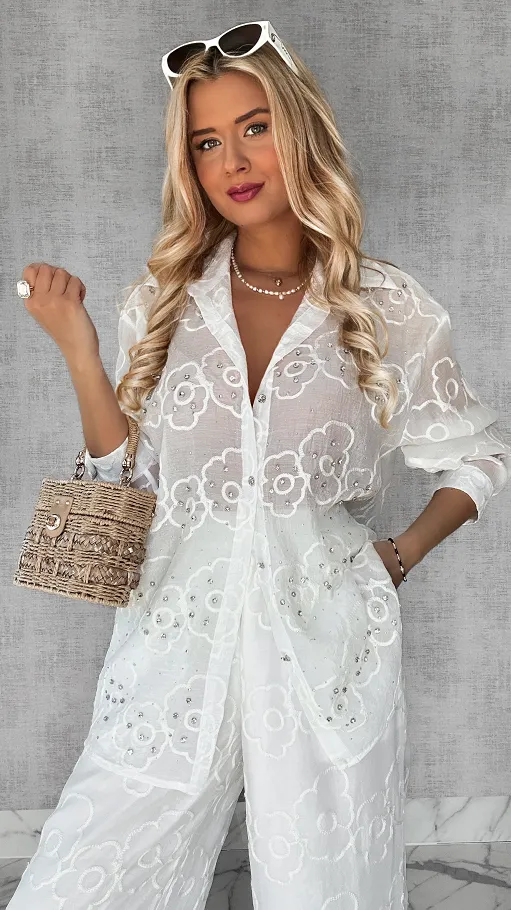 PREMIUM biały komplet w haftowane białe kwiaty ONE SIZE - P574