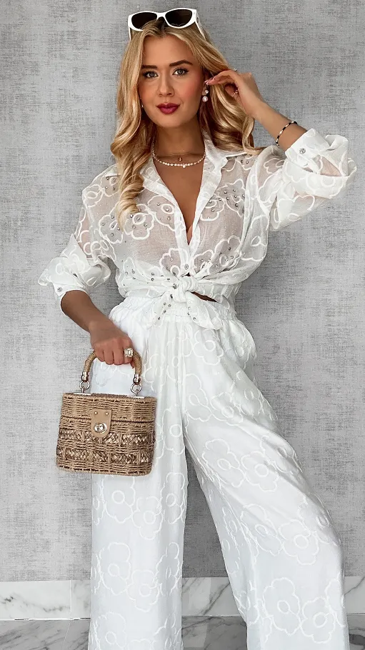 PREMIUM biały komplet w haftowane białe kwiaty ONE SIZE - P574