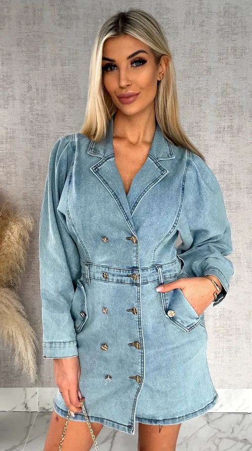 Świetna elastyczna jeansowa sukienka ze złotymi guzikami - R486