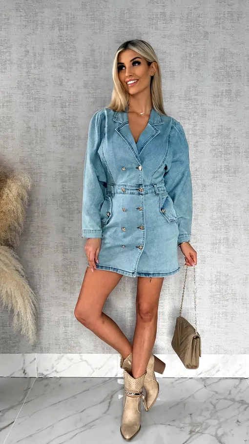 Świetna elastyczna jeansowa sukienka ze złotymi guzikami - R486