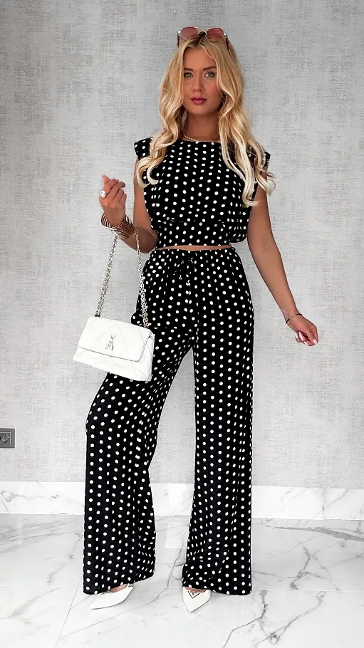 Czarny komplet na lato w grochy ONE SIZE z wiskozy - P803